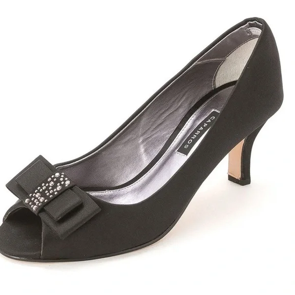 New Caparros Black Satin Leather Peep Toe Pumps 6 - Picture 1 of 7